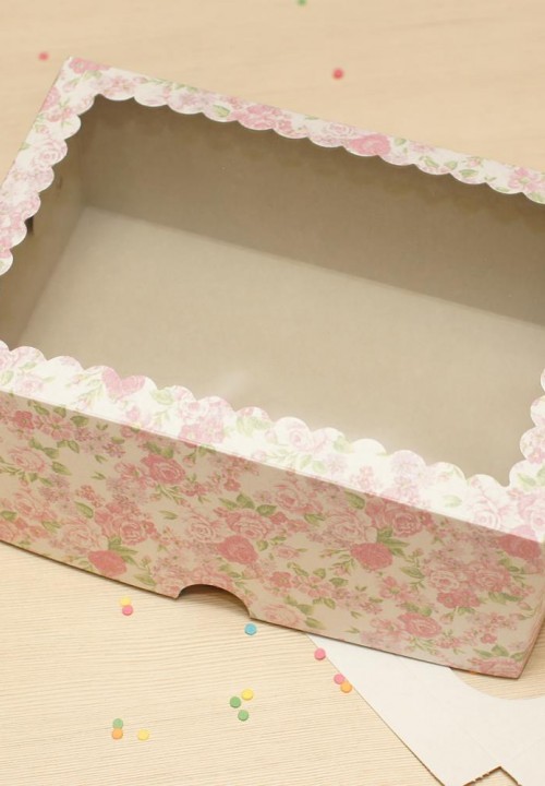 Коробка для 6 капкейков с окошком (П), цвет - розовый в цветочек