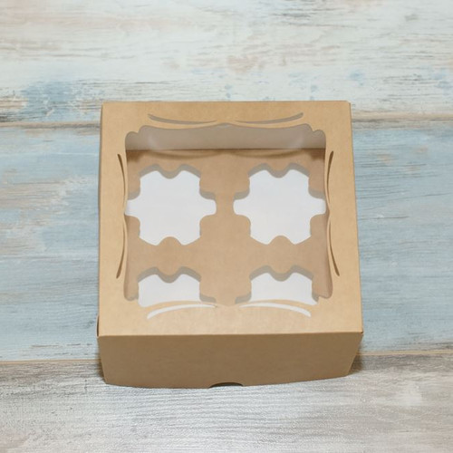 Коробка для 4 капкейков (VM) стандартная с окном, цвет - бархатный крафт