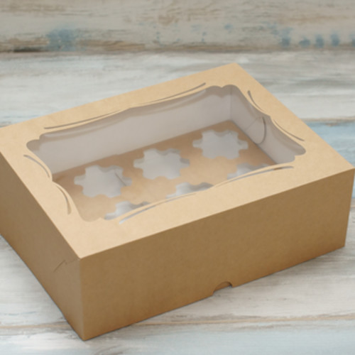 Коробка для 12 капкейков (VM) стандартная с окном, цвет - бархатный крафт