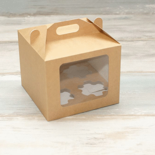 Коробка для 4 капкейков (VM) сундучок с окном (высота 14 см), цвет - бархатный крафт