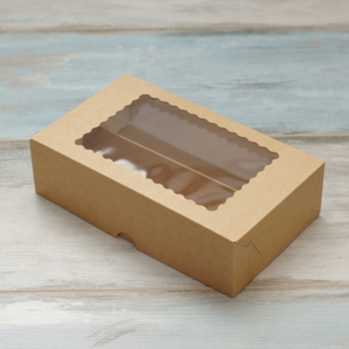Коробка для макарон и пирожных (VM) с окном волна - 20 х 12 х 5,5 см, цвет - бархатный крафт