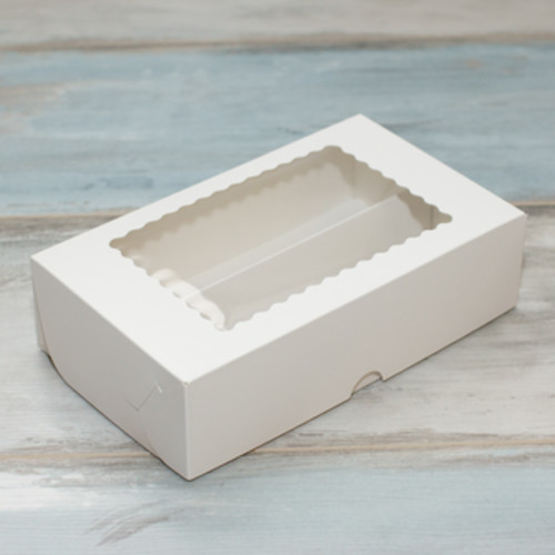 Коробка для макарон и пирожных (VM) с окном волна - 20 х 12 х 5,5 см, цвет - белый