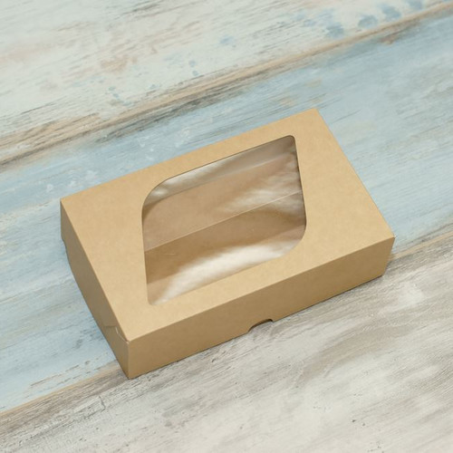 Коробка для макарон и пирожных (VM) с окном овал - 20 х 12 х 5,5 см, цвет - бархатный крафт