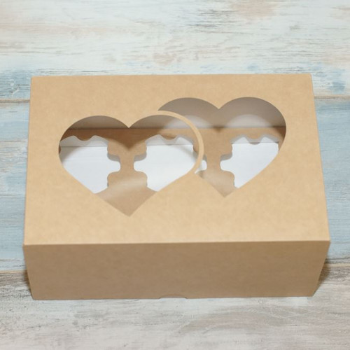 Коробка для 6 капкейков (VM) окно - 2 сердца, цвет - бархатный крафт
