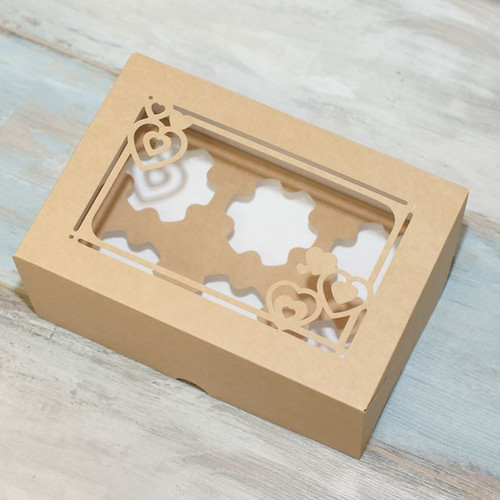 Коробка для 6 капкейков (VM) окно - рамка с сердцами, цвет - бархатный крафт