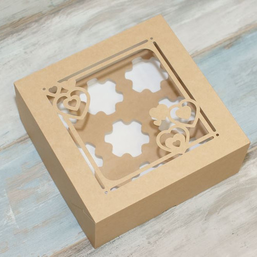 Коробка для 9 капкейков (VM) окно - рамка с сердцами, цвет - бархатный крафт