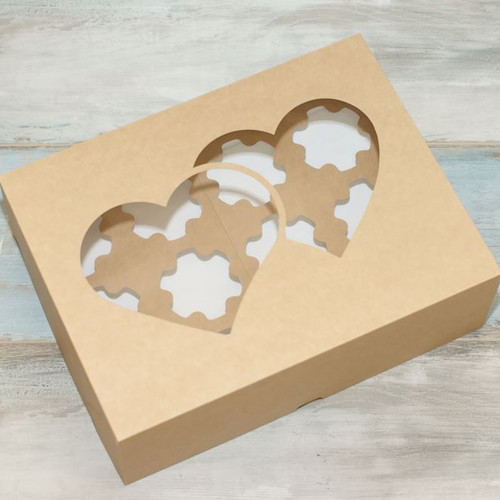 Коробка для 12 капкейков (VM) окно - 2 сердца, цвет - бархатный крафт