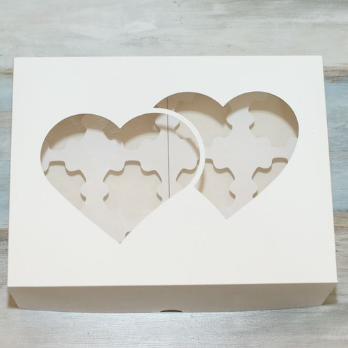 Коробка для 12 капкейков (VM) окно - 2 сердца, цвет - белый