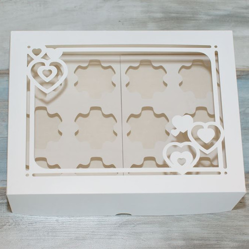 Коробка для 12 капкейков (VM) окно - рамка с сердцами, цвет - белый