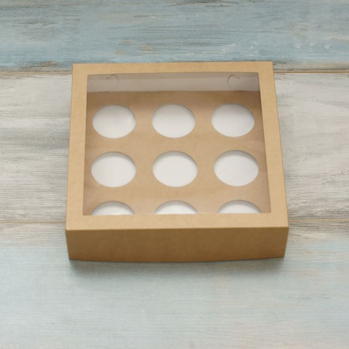 Коробка для 9 макарон (VM) с окном макси - 20 х 20 х 5 см, цвет - крафт