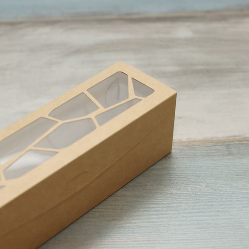 Коробка для макарон и пирожных (VM) с окном хрусталь - 20 х 5,5 х 5,5 см, цвет - крафт