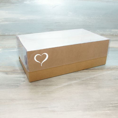 Коробка для зефира (VM) с сердцем и прозрачной крышкой - 24,5 х 15 х 8 см , цвет - крафт
