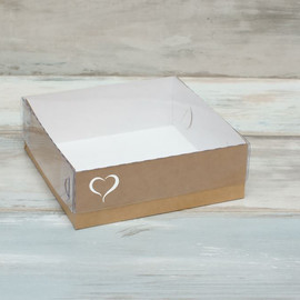 Коробка для зефира (VM) с сердцем и прозрачной крышкой - 20 х 20 х 7 см , цвет - крафт