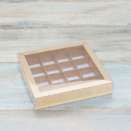 Коробка для 16 конфет (VM) с прозрачной крышкой, цвет - крафт