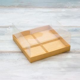 Коробка для 4-х муссовых пирожных (VM) с прозрачной крышкой и вкладышами - 17,8 х 17,8 х 8, цвет - крафт