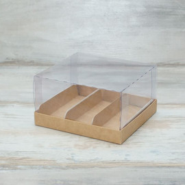 Коробка для 3-х пирожных (VM) классическая с прозрачной крышкой и вкладышами - 13,4 х 12,1 х 7, цвет - крафт