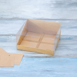 Коробка для 4-х муссовых пирожных (VM) с высоким бортом, прозрачной крышкой и вкладышами - 17,8 х 17,8 х 8, цвет - крафт