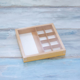 Коробка для шоколадной плитки и 8 конфет (VM) с прозрачной крышкой, цвет - крафт