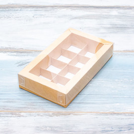 Коробка для 8 конфет с прозрачной крышкой, цвет - крафт, 