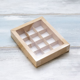 Коробка для 12 конфет (3х4) с прозрачной крышкой, цвет - крафт, 